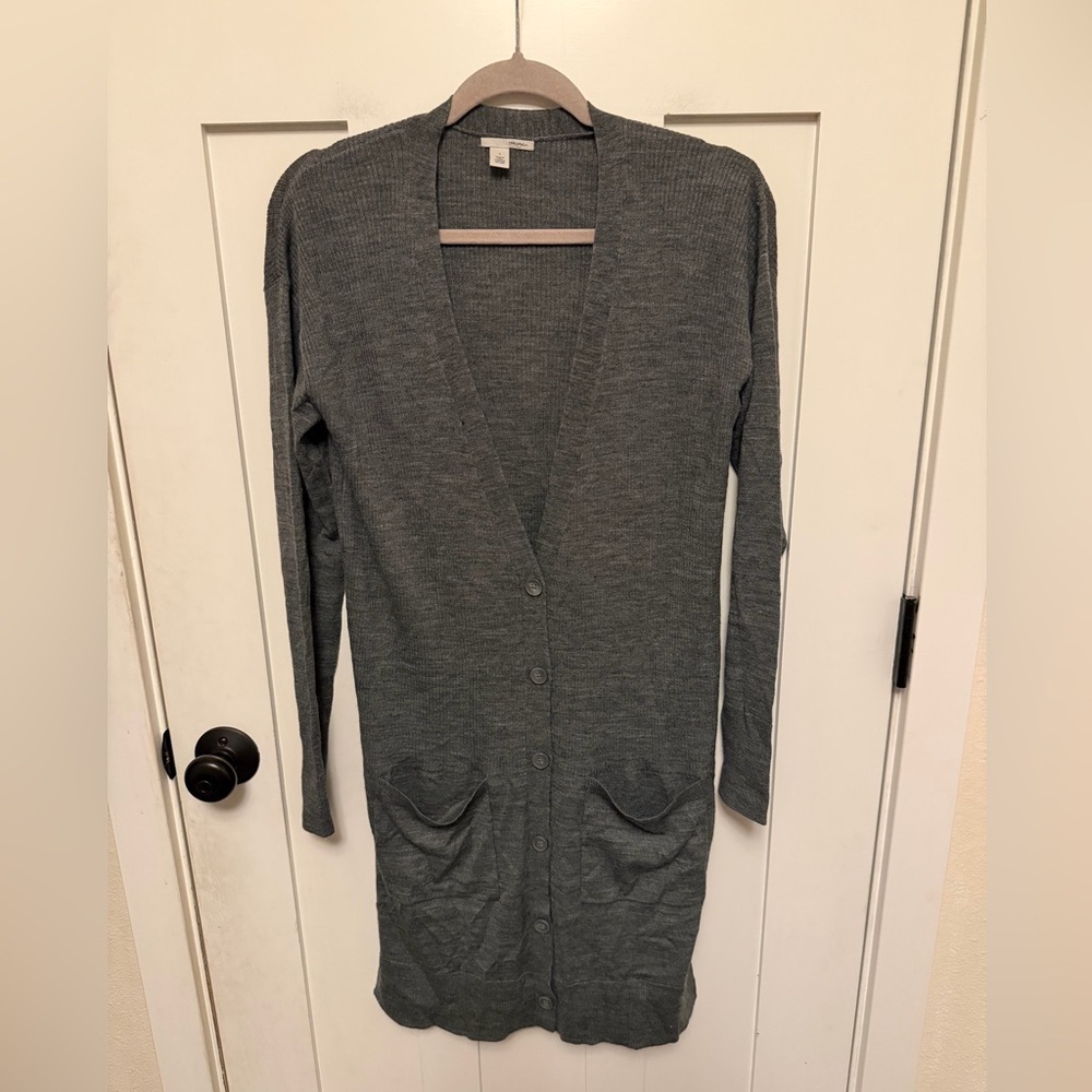 Halogen Merino Wool Duster Cardigan Gray Size Small V-Neck Ribbed Button Down